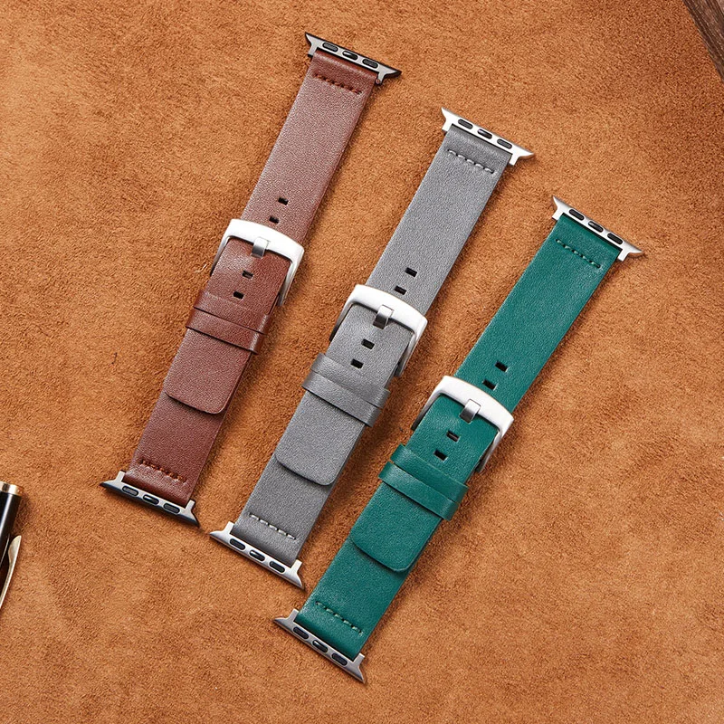 Green Brown Blue Black Gray Leather Straps For Apple Series 6 SE 5 4 3 Men Women Watch Bracelet 38mm 40mm 42mm 44mm Watchbands