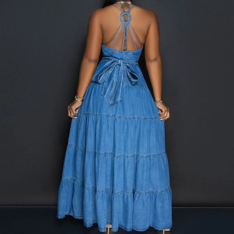 Mulheres com decote em v halter elegante denim vestido longo cintura alta ruched férias sexy festa noite streetwear em camadas maxi vestidos 2025