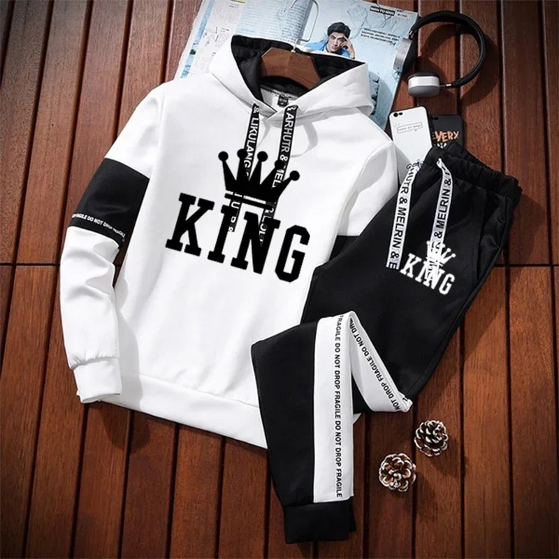 King Mens Tracksuit Casual Classic Black White Hooded Sweatshirt Sweatpants 2 Piece Set Jogging High Quality Fashion Print Suit