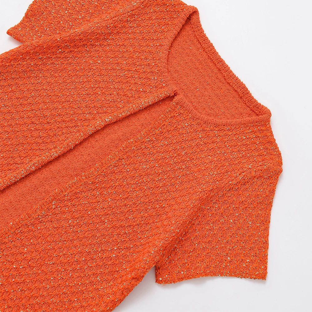 سترة نسائية صيفية عصرية برتقالية بأكمام قصيرة ورقبة دائرية وزر واحد سترة علوية متماسكة بالترتر سترة نسائية 9598092 #2