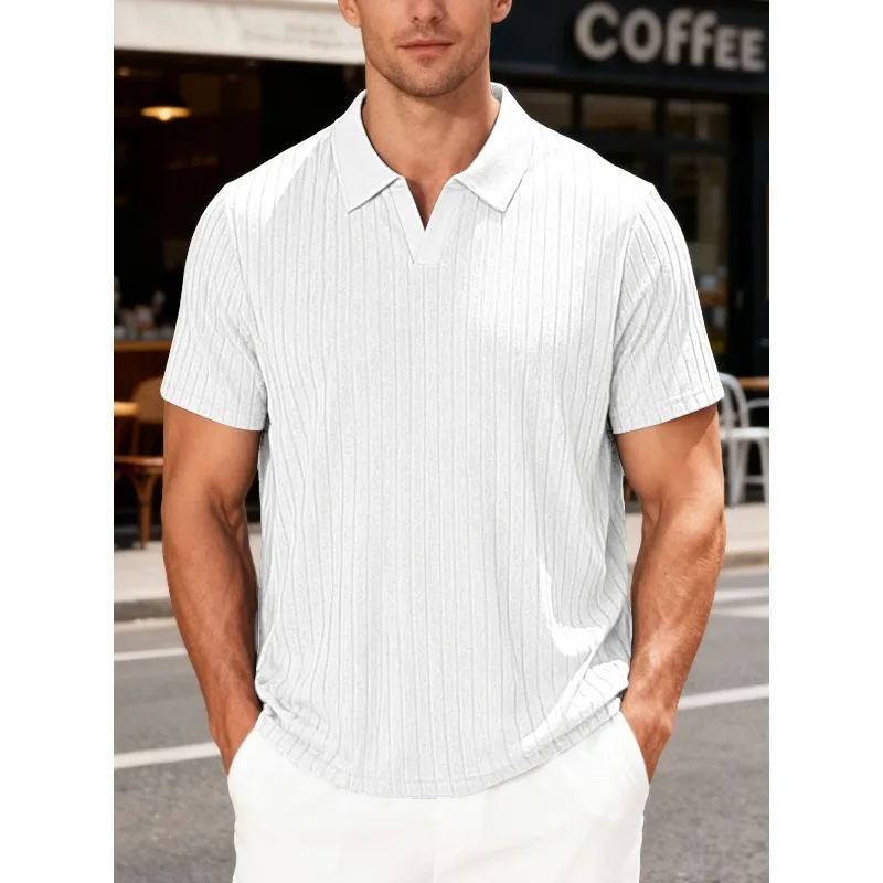 Men's Summer New Casual Short Sleeve Shirt Breathable Towel Jacquard Fabric Lapel Striped Loose Fit for Men Daily Outdoor Wear