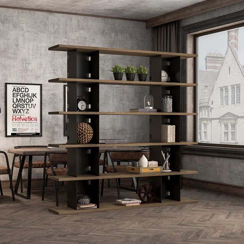Industrial style wrought iron bookshelf Floor-to-ceiling solid wood shelf Retro display rack Office partition rack Loft display