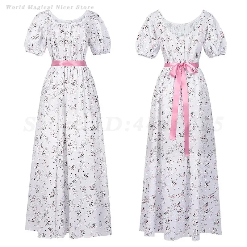 

Japanese Style Sweet Long Dress Women Cute Elegant Floral Printed Lolita Women Bubble Sleeves High Waist Belt Slim A-Line Gown