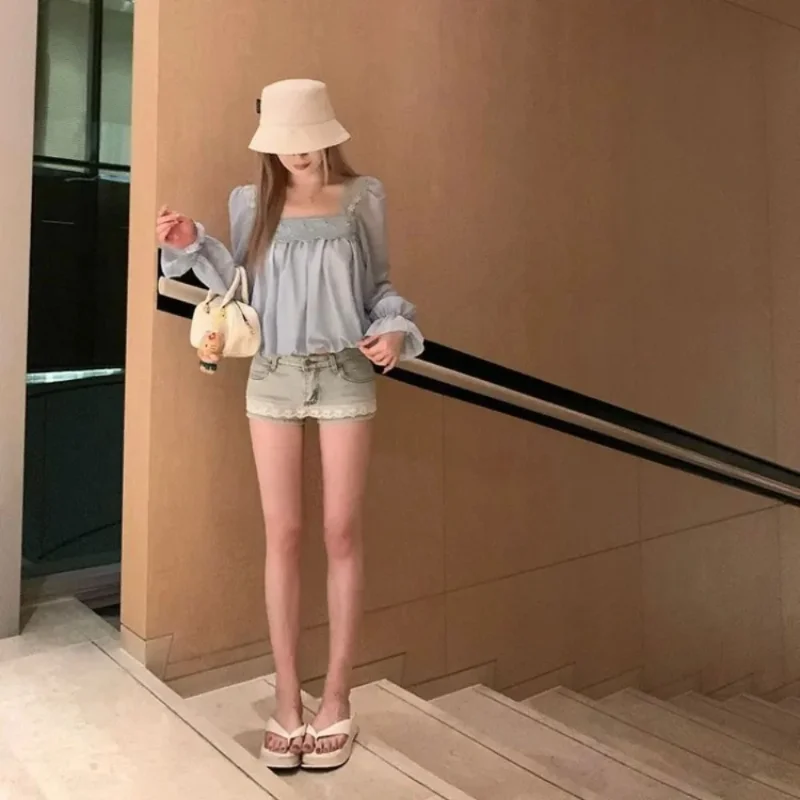 Casual Lace Patchwork Denim Short Skirt New line High Waist Spice Girls Faldas Small Fellow Slim Bodycon Straight Falda