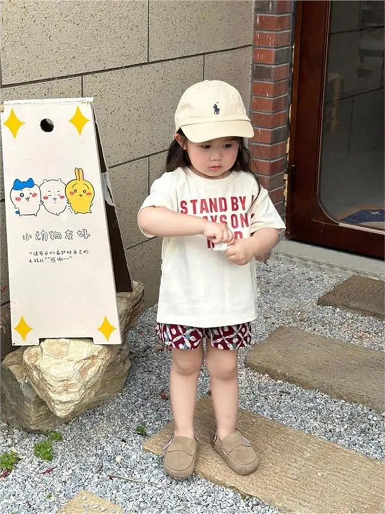 女の子夏服2026韓国風ルーズレターtシャツベビープレイドワイドレッグショーツセット子供服ベビー服
