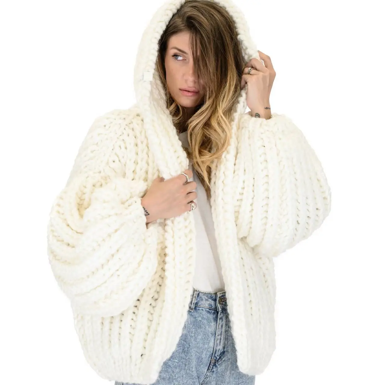 Women\'s Oversized Hoodie Chunky Knit Cardigan handmade Sweaters Long Sleeve Open Front Crochet Outwear