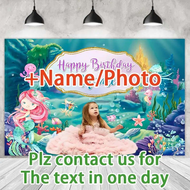 Under The Sea-Mermaid Party Backdrops Princess Girl Birthday Photography Cake Smash Green Background Shoot Customize Name Photo