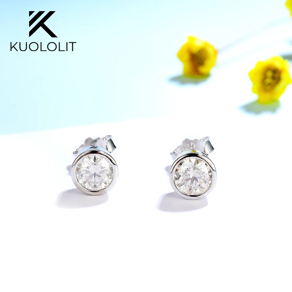 Kuololit US Stock Bezel Set 0.6CTW Moissanite Stud Earrings 925 Silver Sterlingfor Women Handset D/VVS Solitaire Diamond Jewelry for Party Christmas Gifts