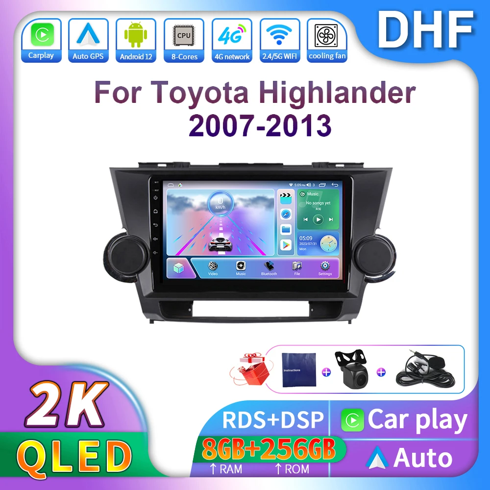 

DHF Android 12 Carplay For Toyota Highlander 2007 2009 2010 2011 2012 2013 Car Radio 2K Multimedia Video Player Wireless 4G GPS