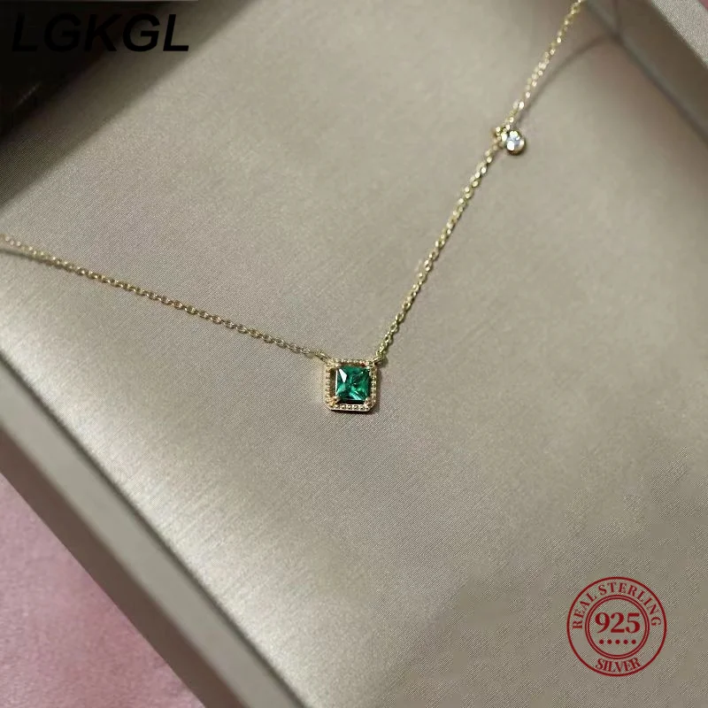 

LGKGL 925 Sterling silver plated 18K gold emerald necklace Women's vintage sugar square advanced design sense of all clavicle ch