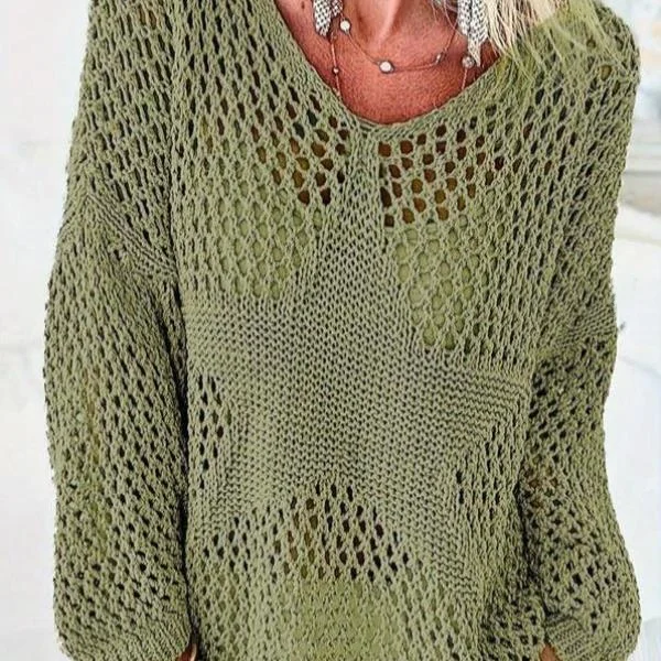 

Women's Knitted Hollow out Flat Pattern Sweater Ci Walk Collar Nine Sve Length Coolmax Fiber Easy Deformation