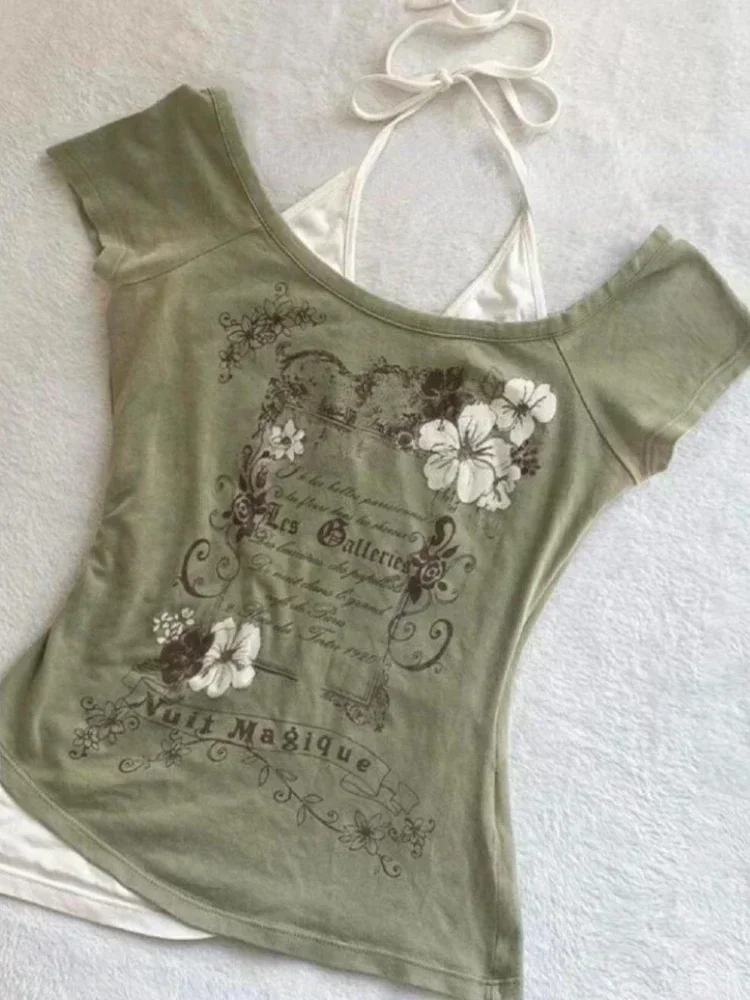 Летние поддельные двухсекционные винтажные футболки с лямкой на шее Y2k, эстетические тонкие укороченные топы, женские повседневные сексуальные футболки с принтом в стиле гранж в стиле Харадзюку