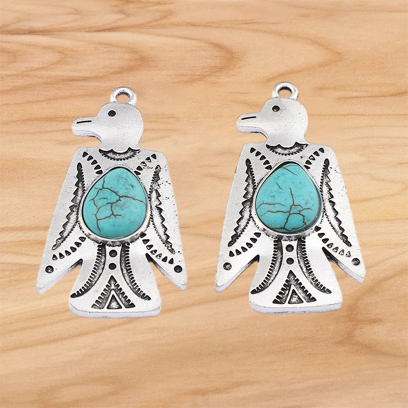 

5 Pieces Tibetan Silver Boho Imitation Turquoises Stone Thunderbird Charms Pendants For DIY Necklace Making Accessories 52x29mm