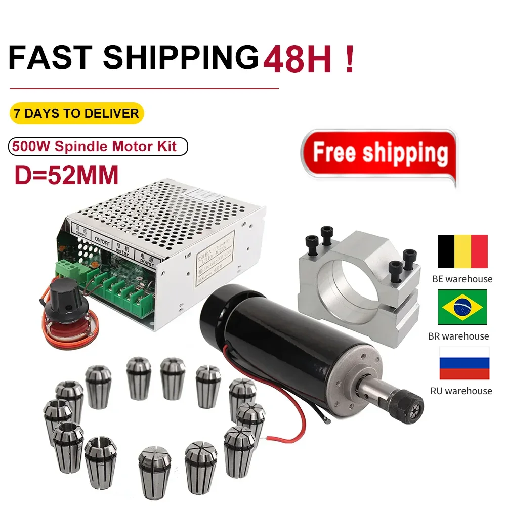 0.5kw Air cooled spindle ER11 chuck CNC 500W Spindle Motor + 52mm clamps + Power Supply speed governor For DIY CNC