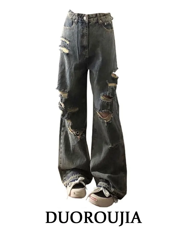 

High Waist Distressed Vintage Washed Denim Jeans Women's Spring New plus Size Slimming Wide Leg Pants Retro Style Commute