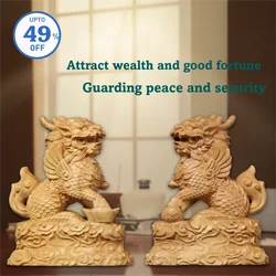 Natural log carving  Kirin Mascot Statue Chinese Characteristic God Beast， Home Room Office Luckily Feng Shui Statue A pair