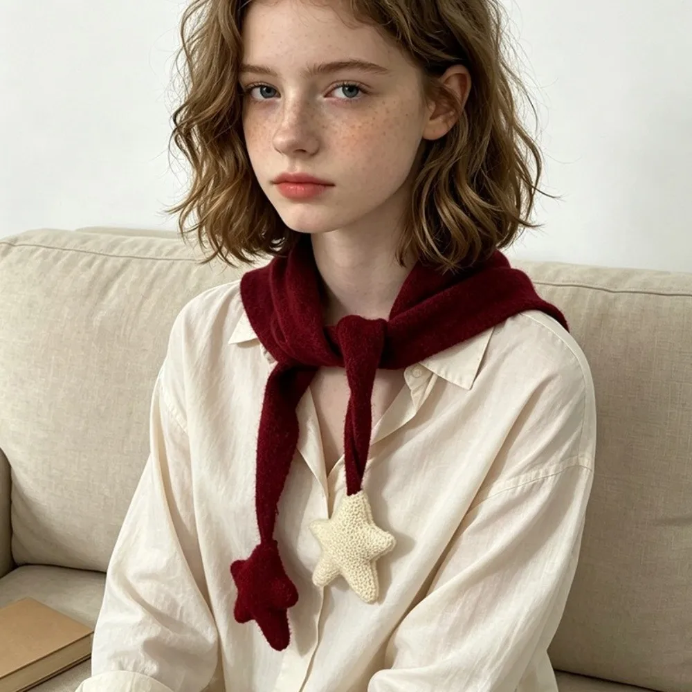 Sweet Star Knitted Triangle Scarf Solid Color Wool False Collar Warm Windproof Cross Neckerchief Women
