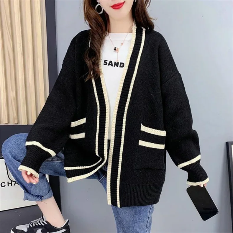 Versione coreana da donna del nuovo Cardigan maglione alla moda stile Preppy medio-lungo allentato senza bottoni maglieria con scollo a v con tasca Y2k