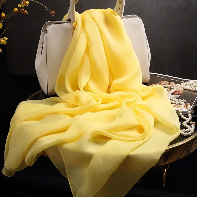 100% ผ้าพันคอผ้าไหมแท้ผู้หญิง Foulard Femme Lady ผ้าไหม Shawls Wraps สําหรับสุภาพสตรี Neckerchief ผ้าไหมชีฟองผ้าพันคอสีเหลือง