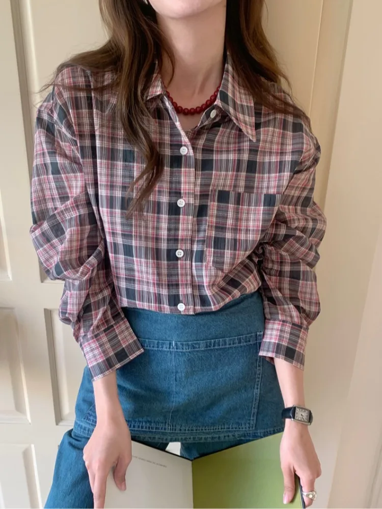 

Fre Plaid Women's irt Korean Sle Retro Collar Single Button Loose Long Sve Sun Protection Clothing Spring Autumn Winter