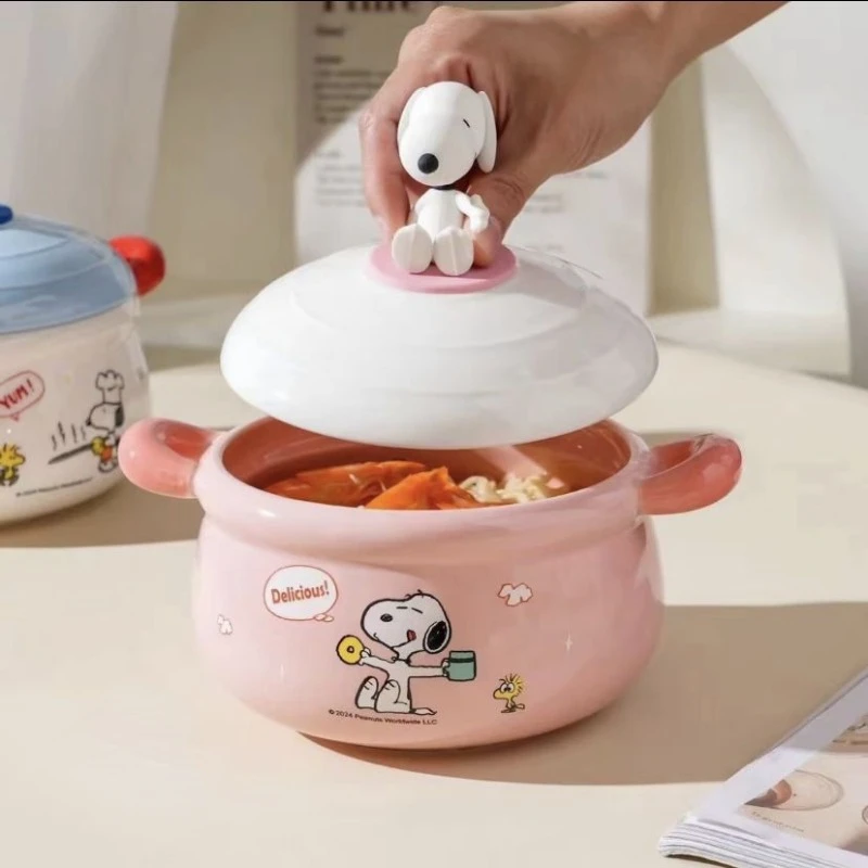 Cartoon Snoopy model doll cute ceramic bowl with lid Kawaii kitchen tableware supplies large capacity instant noodle salad bowl