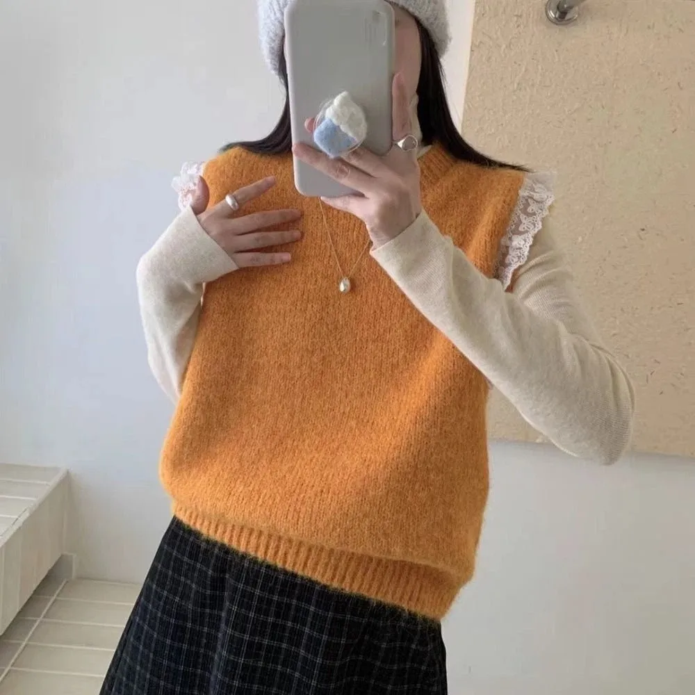 

Элегантный кружевной свитер без рукавов с круглым вырезом, пуловер, однотонный трикотаж, женский милый жилет в корейском стиле, укороченный топ, уличная одежда