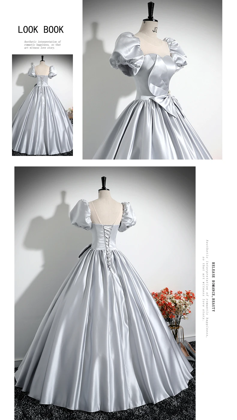 Robes de Quinceanera personnalisées, manches bouffantes, robes de bal d'anniversaire, nœud formel doux, argent premium