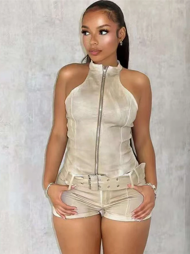 

Distressed Style Denim 2 Piece Set Women Zipper Cardigan Sleeveless Crop Top+Skinny Shorts Hottie Street Hipster Suit