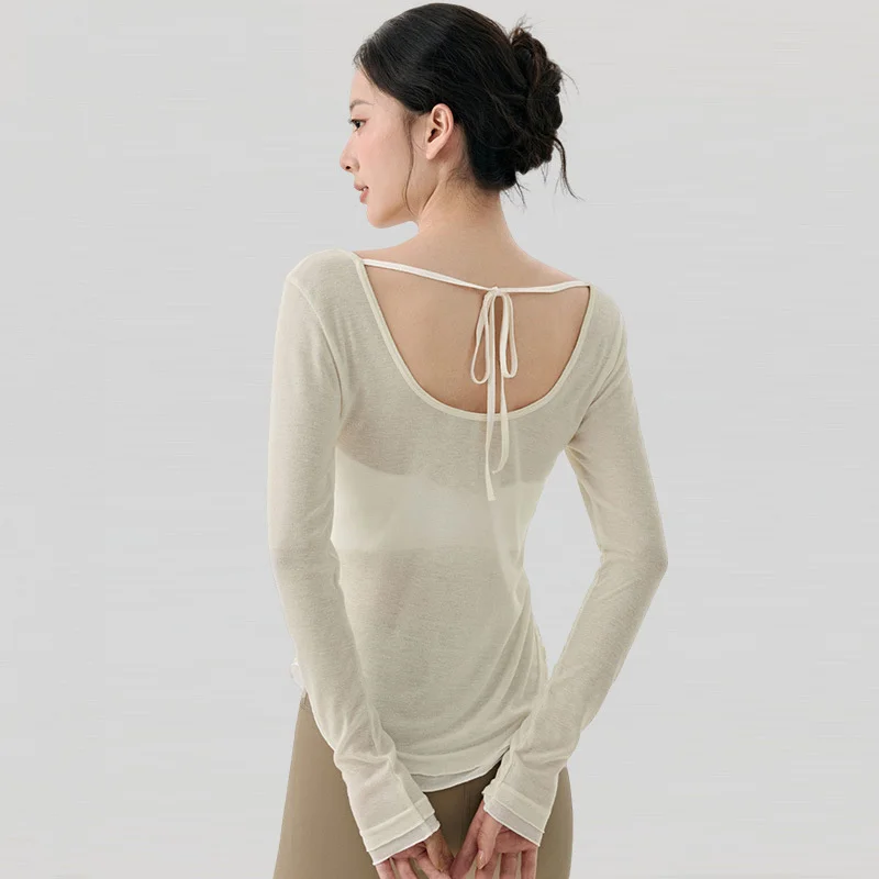 PofyBofy Mesh Sheer Yoga Long Sleeve Low Back Soft Yoga Shirt See Through Slim Fitted Going Out Tops Trendy Shirts Scoop Neck