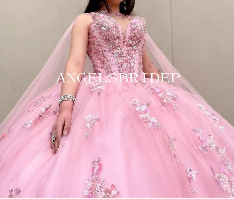 ANGELSBRIDEP Pink Quinceanera Dress with Cape Ruffles Beading Sequin Lace Vestidos De 15 Anos Formal Princess Party Ball Gown
