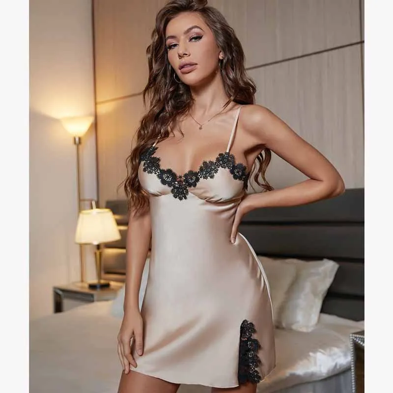 Champagne Color Sexy Lace Women Nightgown Spaghetti Strapsolid Chemise Nightdress Intimate Lingerie Casual Loose Loungewear