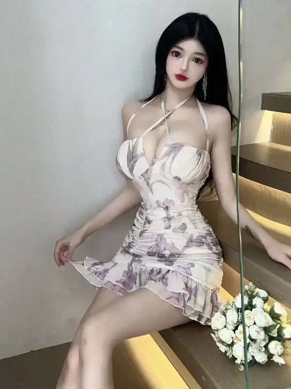 WOMENGAGA Mini Tank Kleid V-ausschnitt Sexy Spicy Girl Strap Hängenden Hals Blume Rüschen Kleid Vintage Elegante Kleider Koreanischen Stil FXQ4