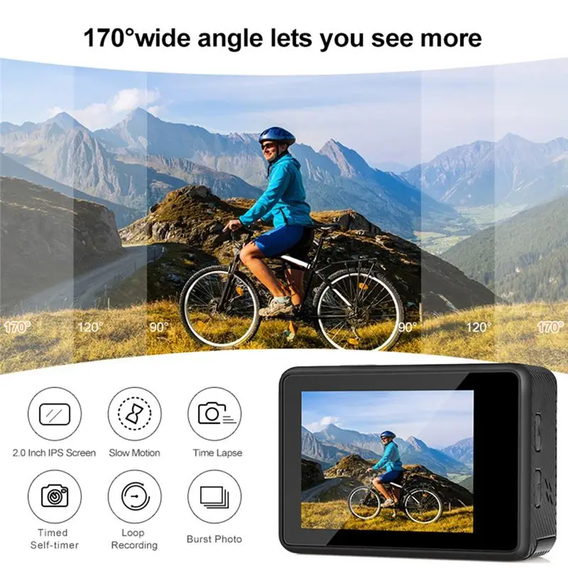 

Экшн-камера для спорта 4K 60FPS с Wi-Fi, стабилизацией изображения, двумя экранами, углом обзора 170° ° Широкоугольная водонепроницаемая спортивная камера с защитой от воды до 30 метров