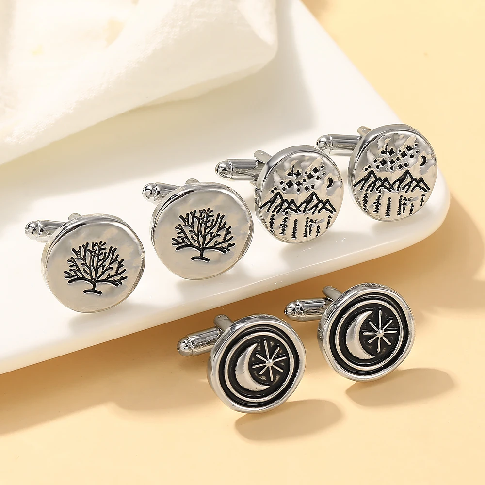 CreativeMoon Star Mountain รูปแบบรอบ Cufflinks Life Tree เรขาคณิต Cuff Links สําหรับชายของขวัญ