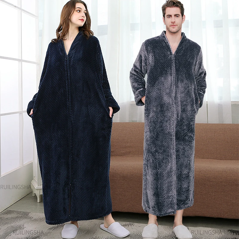 Women Ultra Long Plus Size Thick Warm Bathrobe Lovers Winter Thermal Flannel Bath Robe Men Robes Pregnant Zipper Dressing Gown