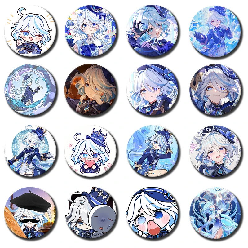 58mm 1PC Genshin Impact Focalors Furina Soft Button Brooch Round Game Lapel Pin Cartoon Cosplay Badge Bag Hat Clothes Jewelry