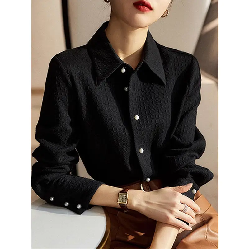 

Black Shirt Women's 2025 Spring And Autumn New Fashion Button Loose And Versatile Collar Long Sleeve Shirt