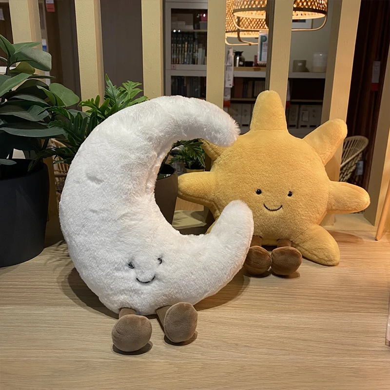 Adorable Smile Face White Moon Yellow Sun Plushie Stuffed Cute Cartoon Weather Plush Toy for Kid Bedroom Decor Sofa Throw Pillow