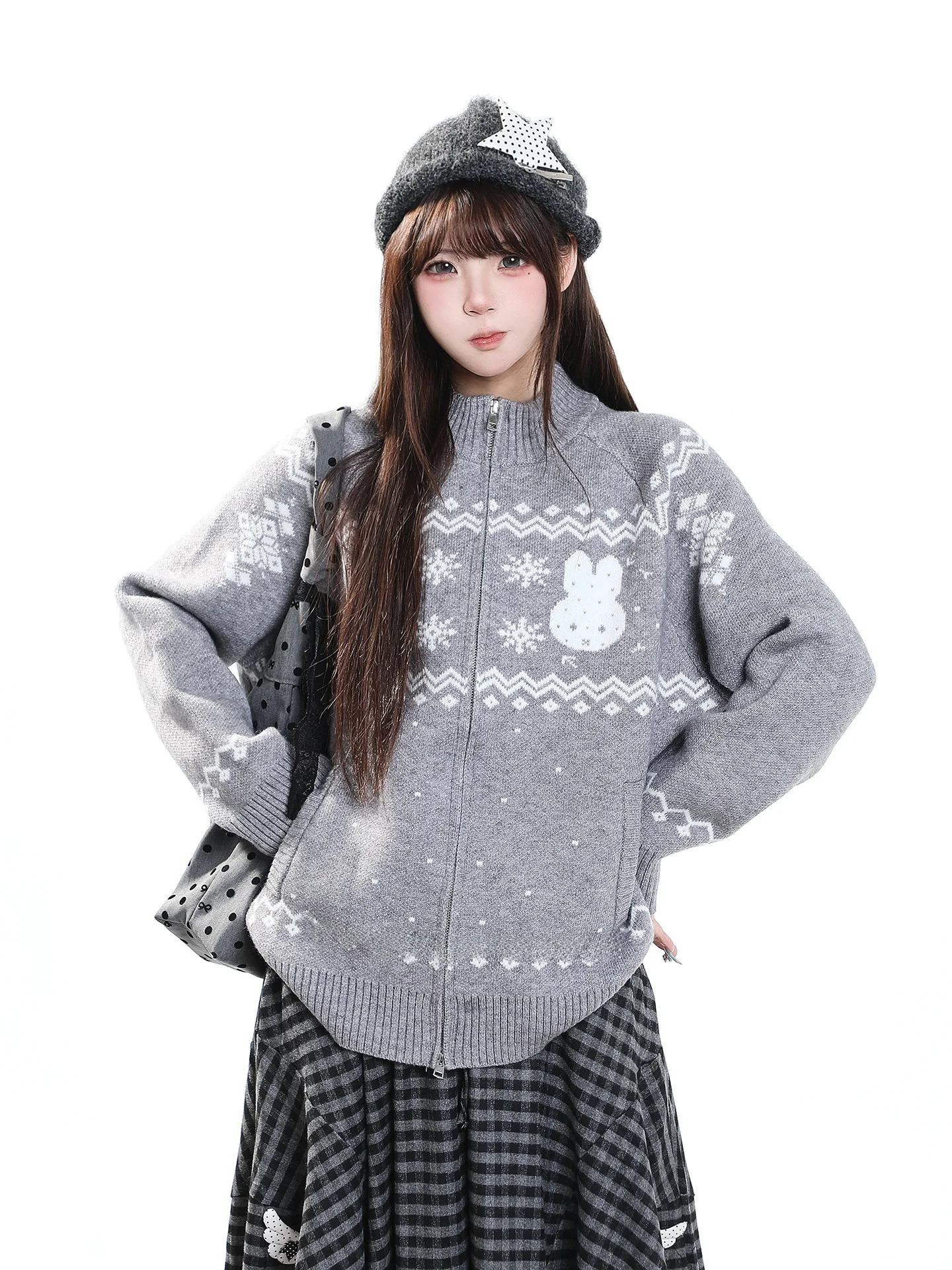 American Retro Christmas Print Stand Collar Open Cardigan Sweater Women's Autumn Anti Aging Loose Casual Soft Warm Knittedwear