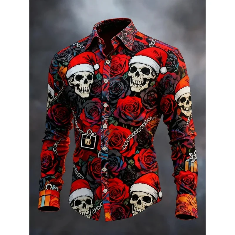 Gothic Christmas Skull Print Men's Long-Sleeve Shirt with Bell, Snowflake, and Skull Print Casual Fit for Christmas Celebrations