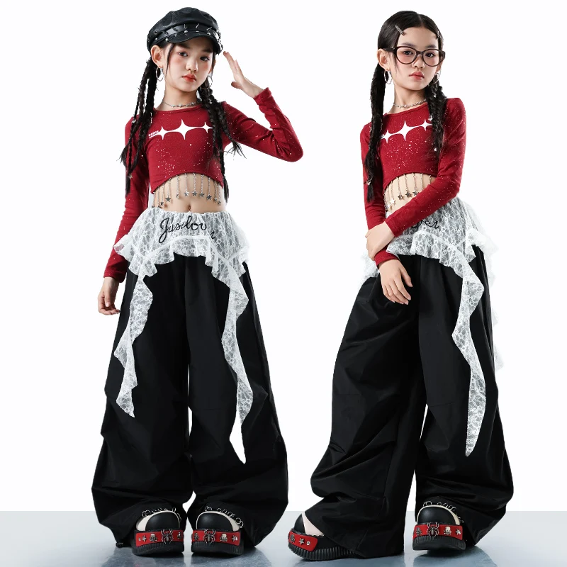 Stylish Teen Girls Hiphop Fashion Top And Trousers Set Streetwear Kids Children Jazz Dance Costume Hip Hop Performance Clothing