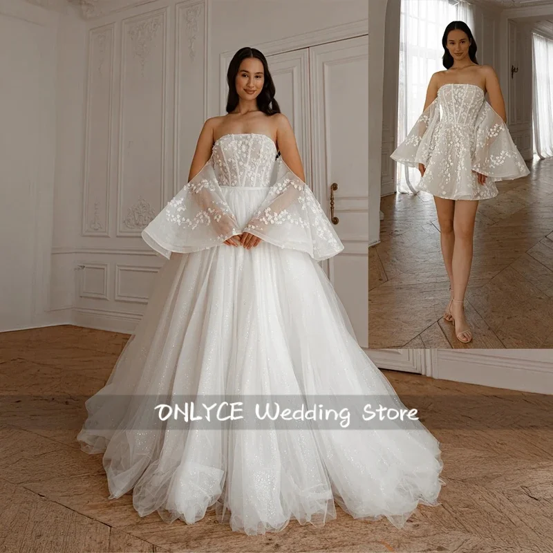 Customized Two Pieces Wedding Dress Showcasing Butterfly Sleeves Lace and Dazzling Glitter Bridal Gowns abiti da sera