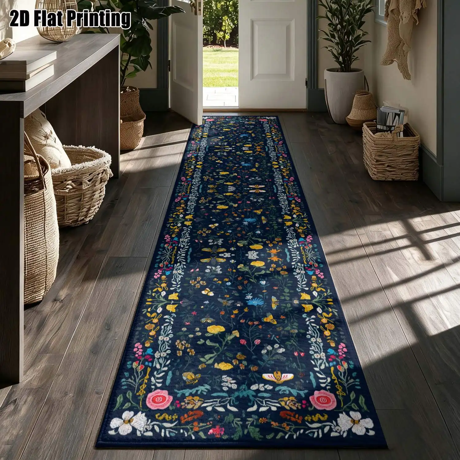 1Pc 2D Printed Dark Blue Floral Butterfly Long Strip Rug: Bohemian, Nordic, Minimalist, Instagram Style, Machine Washable, Multi-Size, Ideal for Entrance, Corridor, Bedroom, Living Room Home Decor