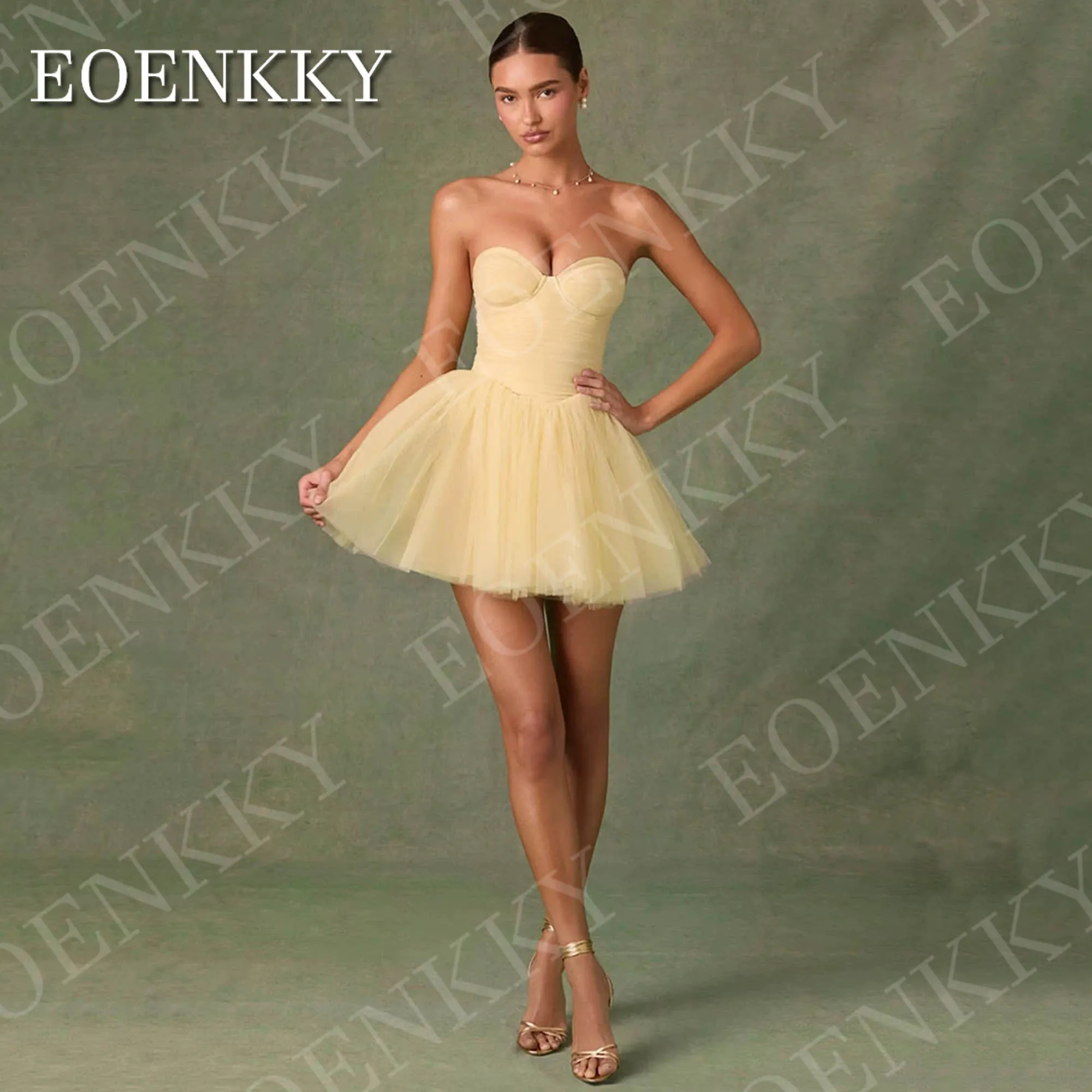 EOENKKY A Line ชุดราตรีสั้นคอหวานสีเหลืองทูเล่ปาร์ตี้มินิค็อกเทลชุดที่กำหนดเอง платье на выпускной