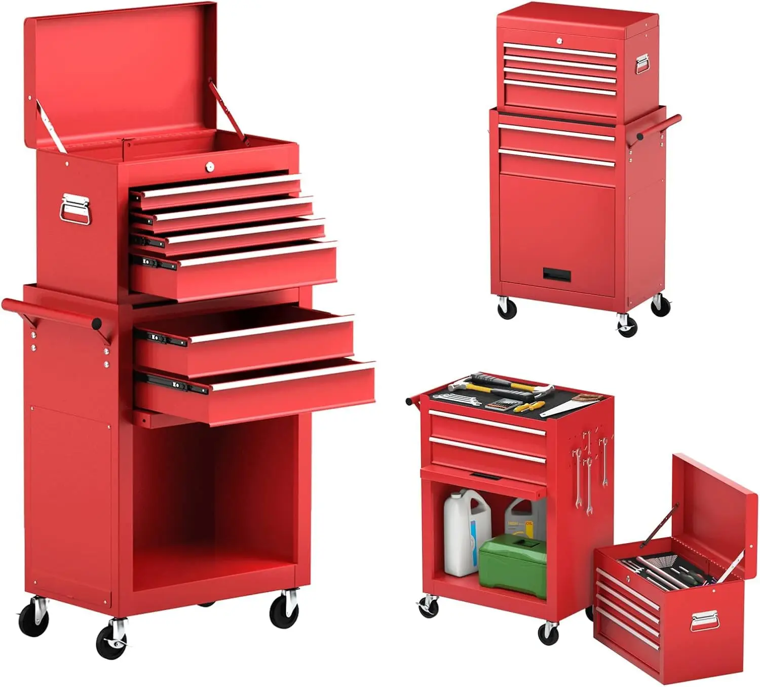 Heavy Duty 6-Drawer Rolling Tool Chest Cabinet – Metal Storage Cart with Sliding Drawers, Protective Liner, Side Armrest – Ideal for Garage or Workshop – 3-Inch Wheels, Red&black