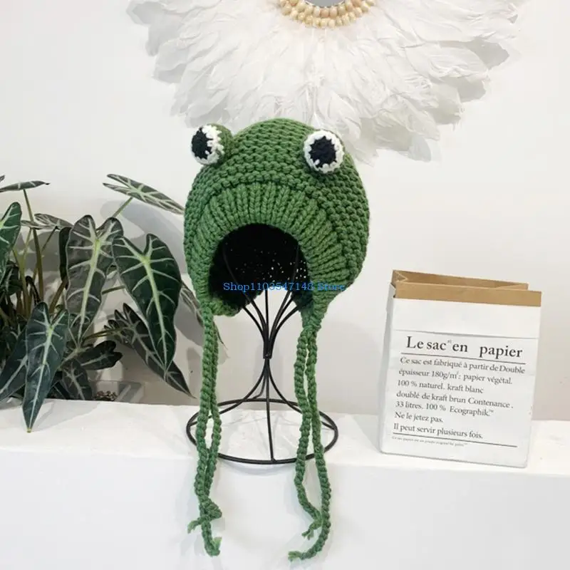 P88B نساء شتاء دافئ مكتنزة كابل متماسكة قبعة رفرف للأذن لطيف الكرتون الحيوان لعيون الضفدع بلون في الهواء الطلق يندبروف قبعة C