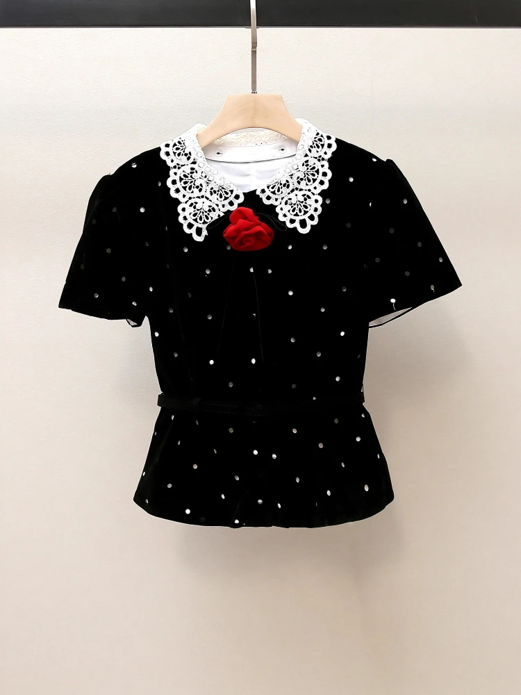 High End Women's Clothing Autumn New Item Socialite Velvet Nail Bead Waist Cinched Top Mesh Half Skirt Set