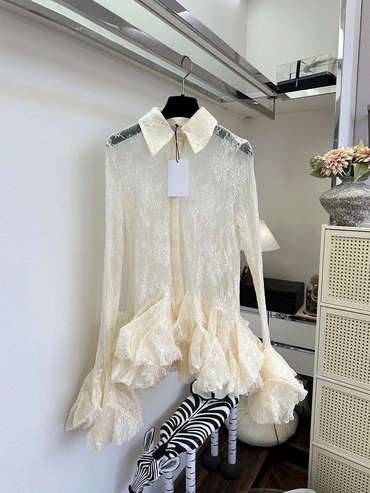 

Spring Summer Fashion Ivory White Thin Style Elegant Blouses Women's Turn-down Collar Long Sleeve Lace Cascading Flounces Shirt