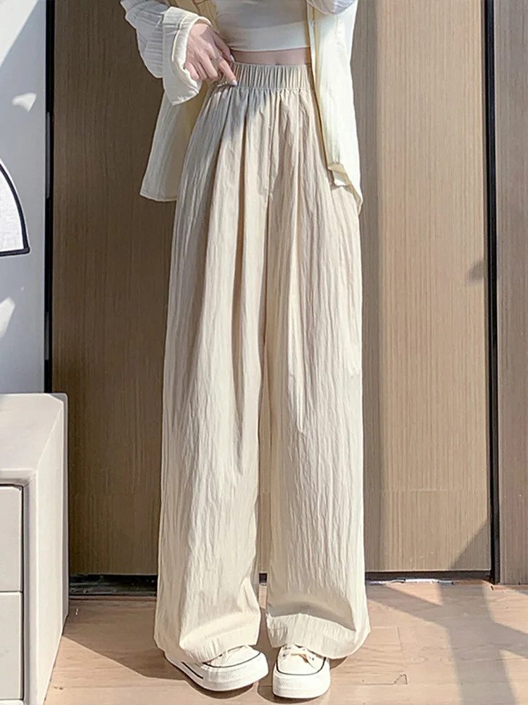الربيع الصيف النساء فضفاضة بنطال ذو قصة أرجل واسعة عادية مرونة الخصر مستقيم طويل بنطال ذو قصة أرجل واسعة الإناث السراويل النسائية غير رسمية بنطلون
