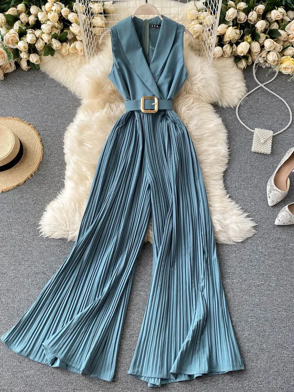 

Women's Pure Color Collar Pleated Wide Leg Pants High Waist Long Pants Micro Flared Ultra Thin Fabric Spring Season China Made